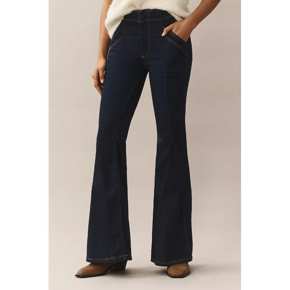 Pilcro Puddle Mid-Rise Flare Jeans Blue Dark Contrast Stitch Slouchy Curve 28